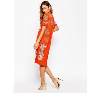 Asos Orange Embroidered Shift Dress Size 2